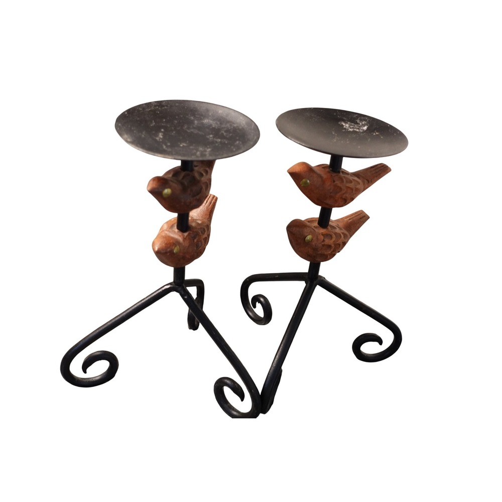 Rustic Wrought Iron and Carved Wood‎ Bird Pillar Candle Holders Black Brown Pair